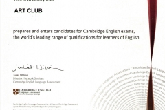 Сертификат Cambridge English Exam Preparation Centre 2016 от ART CLUB, подтверждающий подготовку и сдачу кандидатов на экзамены Cambridge English, ведущего мирового рейтинга квалификаций для изучающих английский язык.