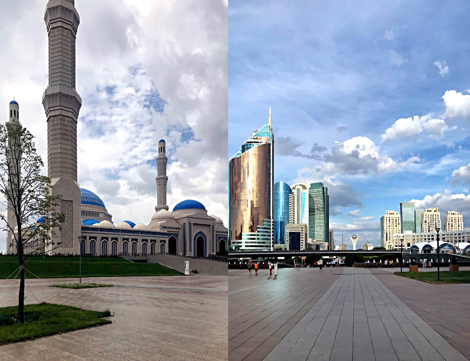Центральная мечеть города Астаны, известная как мечеть Хазрет Султан, с несколькими куполами и минаретами. Да, мечеть «Хазрет Султан» в Астане — самая большая в Казахстане. Она расположена на более чем 11 гектарах и в праздничные дни вмещает до 10 000 человек. Общая площадь сооружений мечети — 17 700 м². « Хазрет Султан» увенчана 51-метровым куполом — самым высоким в Казахстане. Также самой большой по вместимости считается Центральная мечеть города Астаны. Её общая вместимость — 235 тысяч человек, из них: в залах одновременно могут молиться 30 тысяч мужчин и 5 тысяч женщин, 200 тысяч человек — на открытом воздухе. Монумент «Байтерек» в Астане находится по адресу: бульвар Нуржол, 14. Это популярное среди туристов место, так как отсюда открываются захватывающие панорамы на город. Башня, выполненная в футуристическом стиле, находится на левом берегу реки Ишим. Монумент состоит из трёх уровней: Подземный. Нижняя часть находится на 4–5 метров под землёй и включает этнографический музей, аквариумы и кафе. Земной. Средний уровень — это панорамные стеклянные лифты, ведущие наверх. Небесный. На верху монумента установлен шар, в котором имеется светлый просторный трёхуровневый панорамный зал и бар. Режим работы: с 1 июня по 31 августа — с 10:00 до 22:00 часов, с 1 сентября по 31 мая — с 10:00 до 21:00 часов. Технические перерывы: 13:00–13:30, 18:00–18:30.